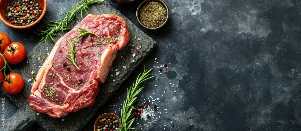 Ribeye fresh raw beef steak with spices on stone board Top view flat lay with copy space. Creative Banner. Copyspace image