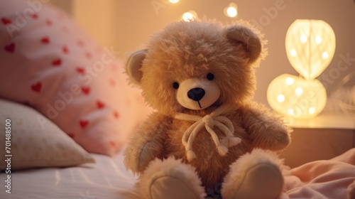  a brown teddy bear sitting on top of a bed next to pillows and a night stand with lights in the background.