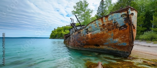 The bow of the Selvic shipwreck found in Murray Bay near Grand Island Munising. Creative Banner. Copyspace image