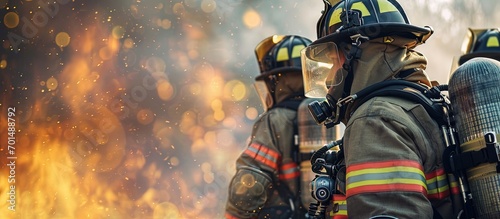 Professional firefighter help their partner through the process of adjusting and fine tuning their gear ensuring it is tailored to their specific needs. Creative Banner. Copyspace image photo