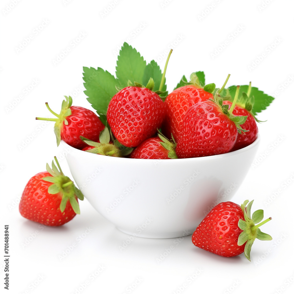 white bowl of strawberries with a green leaf on transparent background created with Generative Ai white bowl of strawberries with a green leaf on transparent background created with Generative Ai