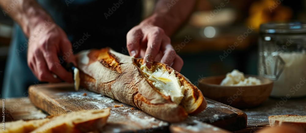 Man spreading cream cheese on baguette slice on wood board. Creative Banner. Copyspace image