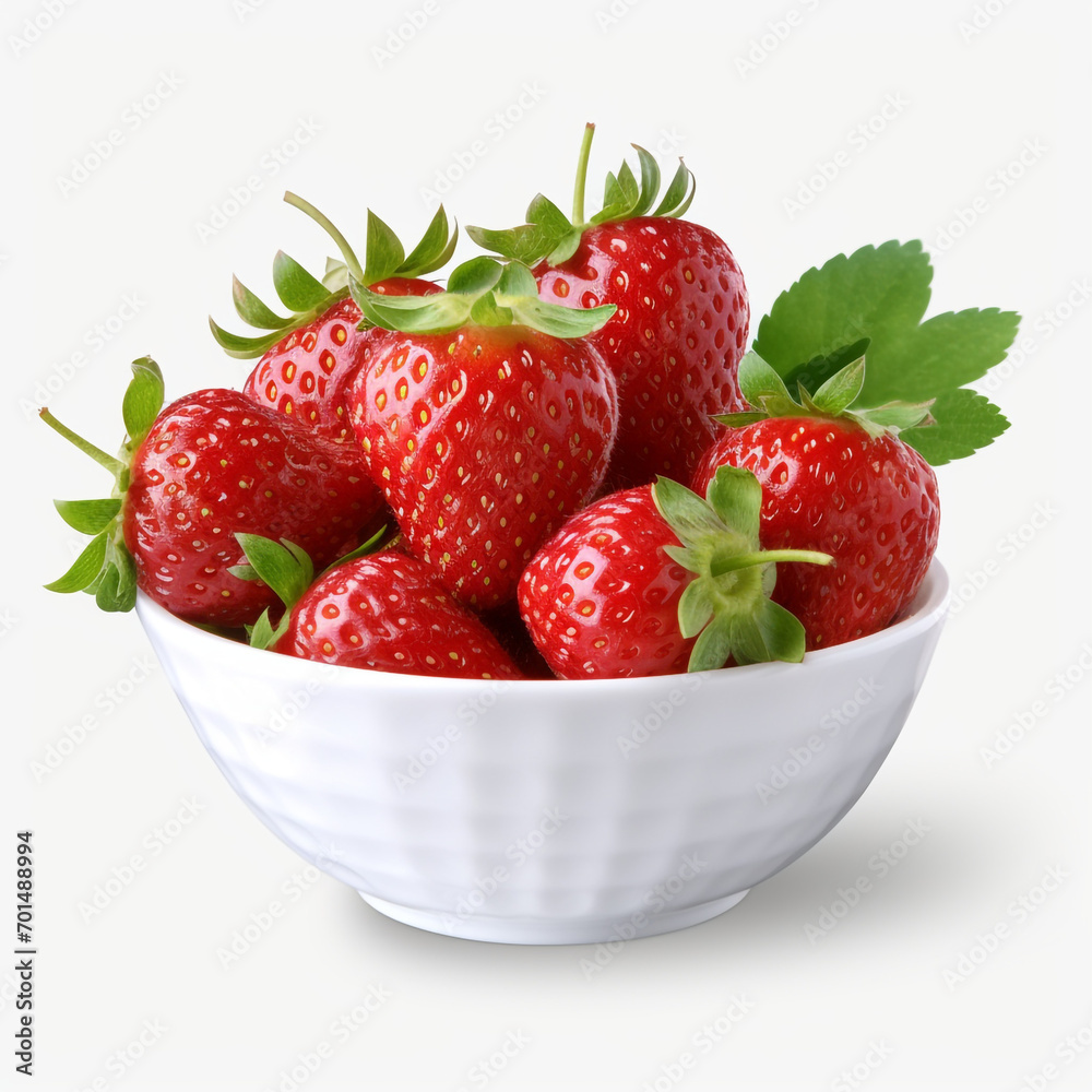 white bowl of strawberries with a green leaf on transparent background created with Generative Ai white bowl of strawberries with a green leaf on transparent background created with Generative Ai