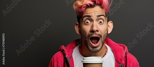 Young hispanic man with modern dyed hair drinking a cup of coffee in shock face looking skeptical and sarcastic surprised with open mouth. Creative Banner. Copyspace image