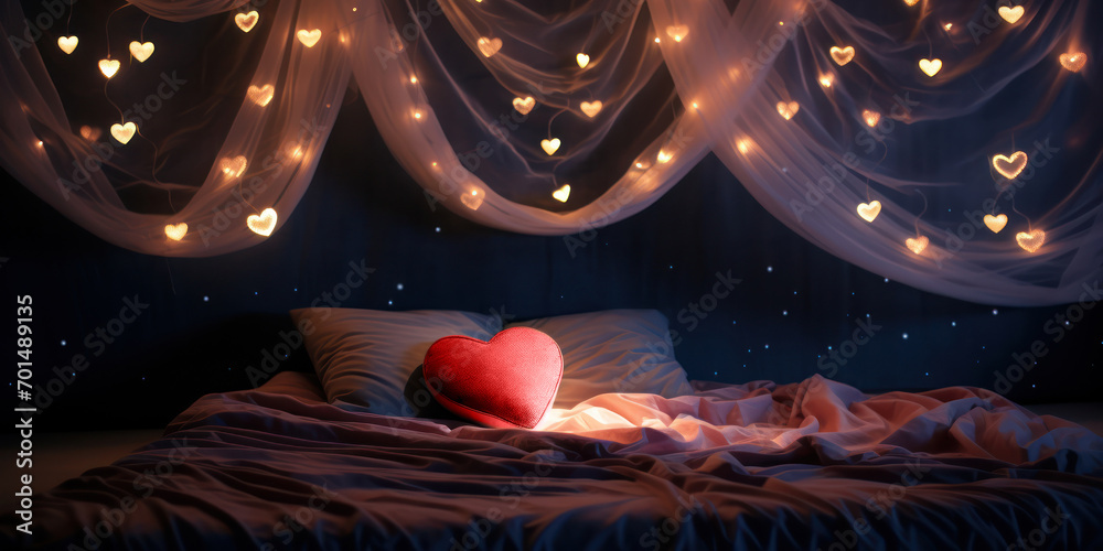  Large plush heart shaped pillow,rich in red color lying on bed,above the bed sheer fabric drapes gracefully, adorned with a string of lights shaped like hearts.Romantic bedroom scene.Valentines Day  - obrazy, fototapety, plakaty 