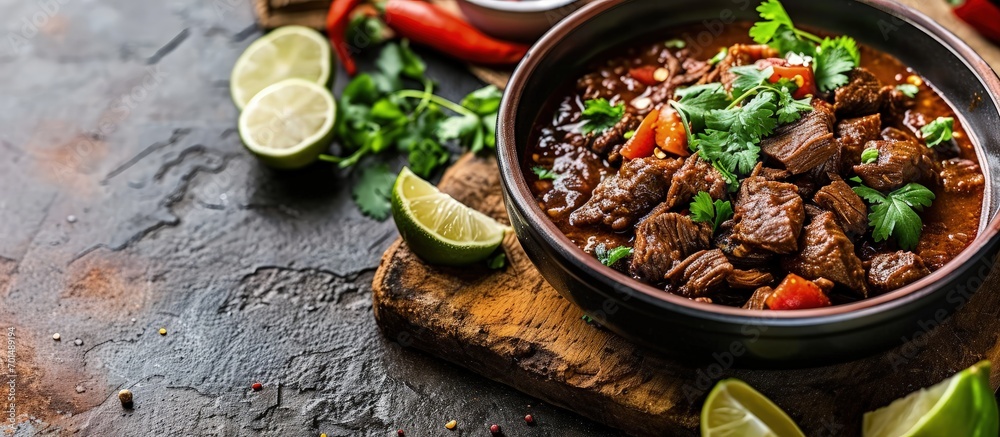 Taco de Barbacoa is a Mexican dish from the state of Jalisco The dish is a meat stew traditionally made from beef meat. Creative Banner. Copyspace image