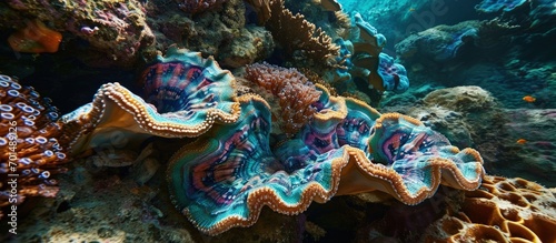 Tridacna gigas sat in clear blue water on coral reef Giant clams are an endangered mollusk species Found in the Red sea on coral reefs they are slow growing and easily overfished. Creative Banner