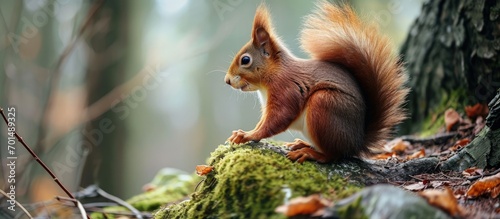 The red squirrel or Eurasian red squirrel Sciurus vulgaris. Creative Banner. Copyspace image