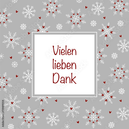 Vielen lieben Dank - Schriftzug in deutscher Sprache. Quadratische Dankeskarte mit einem Rahmen aus Schneekristallen und Herzen.