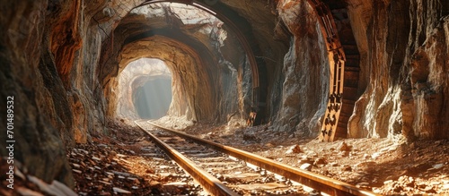 Underground abandoned bauxite ore mine tunnel with wooden timbering. Creative Banner. Copyspace image photo