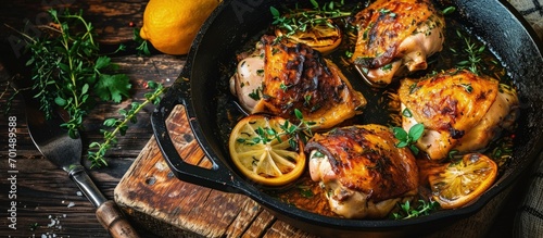 Oven Roasted Greek Chicken Quarters in a Cast Iron Skillet Pieces of chicken marinated in Greek yogurt lemons and herbs. Creative Banner. Copyspace image photo