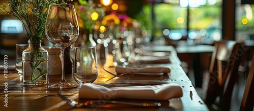 prepared luxurious table at expensive restaurant. Creative Banner. Copyspace image photo