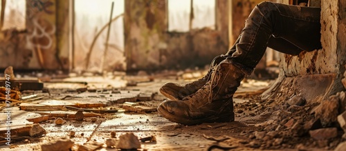 Nuclear apocalypse survivor soldier in the destroyed laboratory building legs close up nuclear and chemical danger environmental disaster. Creative Banner. Copyspace image