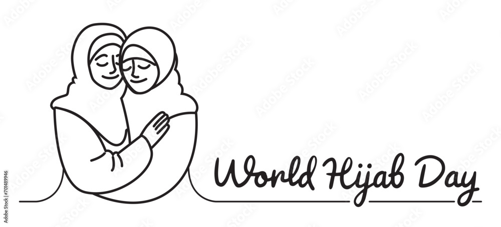 Covered girls in hijab hugging. International Hijam Day. Two Muslim women are smiling. Flat; cartoon; vector. Covered girls in hijab hugging. International Hijam Day. Two Muslim women are smiling. Flat; cartoon; vector.