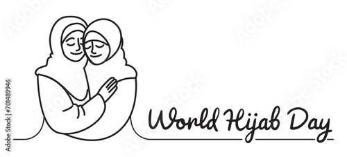 Covered girls in hijab hugging. International Hijam Day. Two Muslim women are smiling. Flat; cartoon; vector.