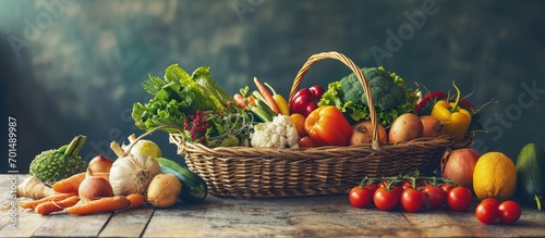 Wicker basket with assorted grocery products including fresh vegetables and fruits. Creative Banner. Copyspace image