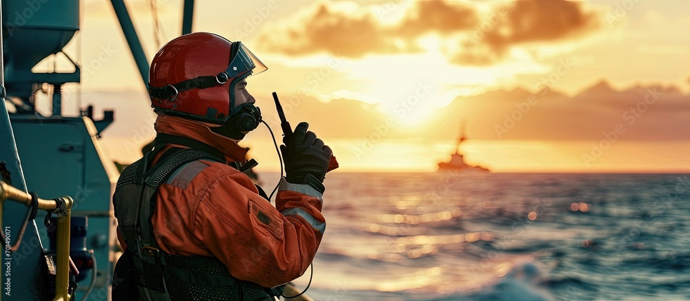 Marine Deck Officer or Chief mate on deck of offshore vessel or ship wearing PPE personal protective equipment helmet coverall He holds VHF walkie talkie radio in hands. Creative Banner - obrazy, fototapety, plakaty 
