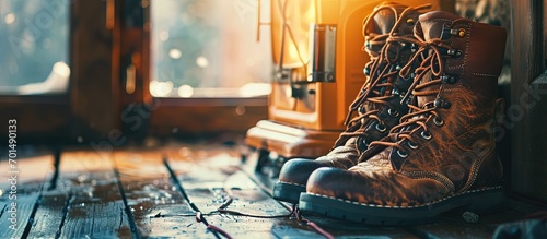 Warm foil insoles for winter footwear as protection legs from cold frosty weather Winter boots are drying near the heating radiator Selective focus close up. Creative Banner. Copyspace image photo