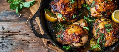 Oven Roasted Greek Chicken Quarters in a Cast Iron Skillet Pieces of chicken marinated in Greek yogurt lemons and herbs. Creative Banner. Copyspace image photo