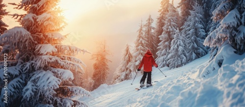 Snowboarder riding on slope with snowy forest sheregesh ski resort sunset. Creative Banner. Copyspace image