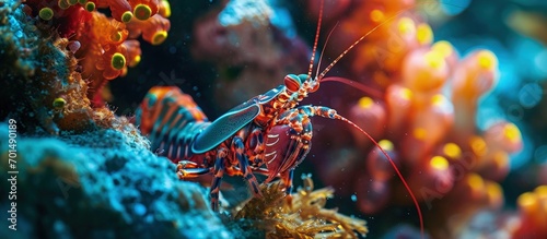 Mantis shrimp underwater on coral reef in North Sulawesi. Creative Banner. Copyspace image