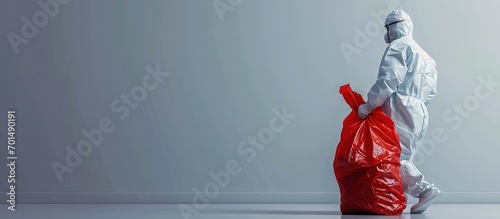 Man in protective suit and disposal container for Infectious waste Infectious waste must be disposed in the trash red bag Coronavirus protection equipment in medical waste bin. Creative Banner photo
