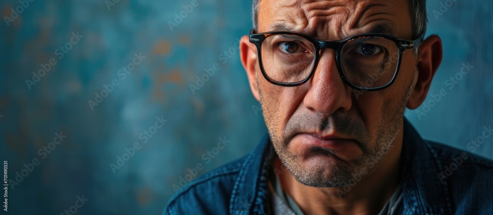 Middle age latin man wearing casual clothes and glasses disgusted expression displeased and fearful doing disgust face because aversion reaction. Creative Banner. Copyspace image - obrazy, fototapety, plakaty 