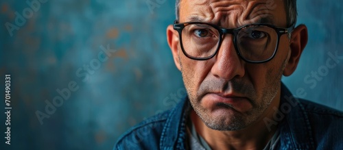 Middle age latin man wearing casual clothes and glasses disgusted expression displeased and fearful doing disgust face because aversion reaction. Creative Banner. Copyspace image photo