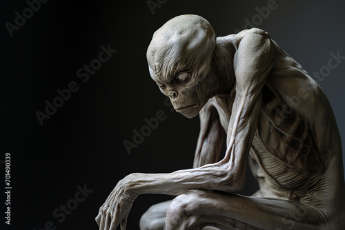 Alien Humanoid Sitting and Thinking Against a Black Background