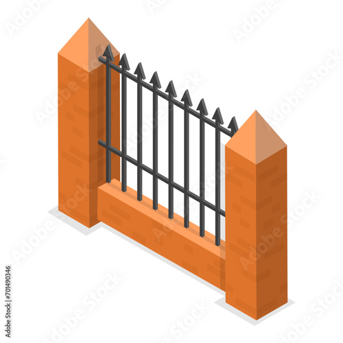 3D Isometric Flat Vector Set of Terrace Fences and Gates, Architecture Eexterior Elements. Item 1