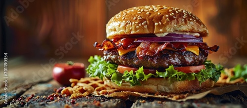 Waffle burger with bacon Roblochon cheese onions and salad. Creative Banner. Copyspace image