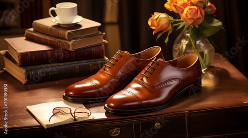 Classic leather dress shoes with a warm cup of tea in a cozy study on a crisp spring morning.