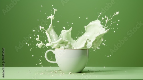  a splash of milk in a coffee cup on a green background with a splash of milk in the middle of the cup.