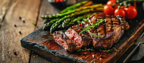 Medium rare grilled Tomahawk beef steak with asparagus. Creative Banner. Copyspace image