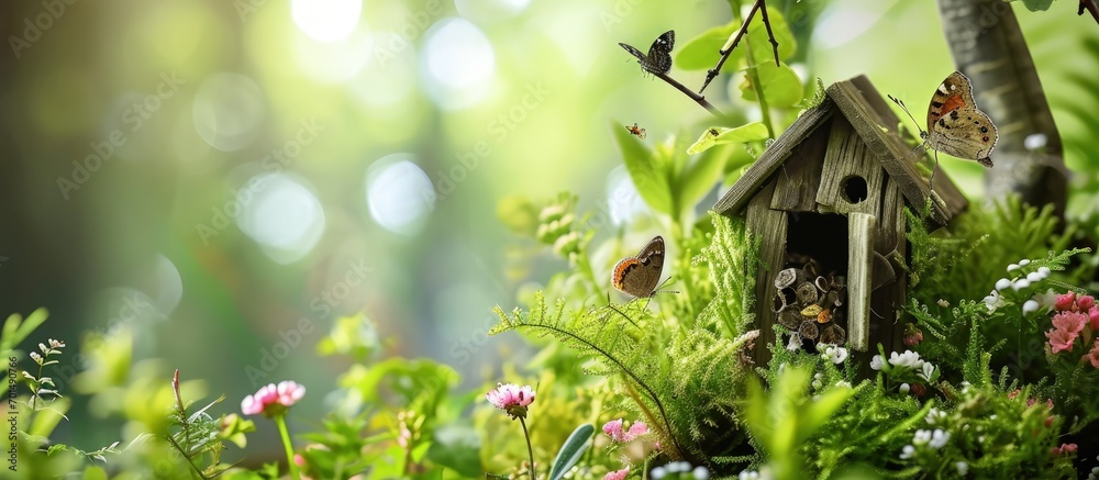 Wooden insect house decorative bug hotel ladybird and bee home for butterfly hibernation and ecological gardening. Creative Banner. Copyspace image Wooden insect house decorative bug hotel ladybird and bee home for butterfly hibernation and ecological gardening. Creative Banner. Copyspace image