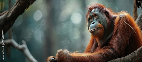 Portrait of a sad dreamy Orangutan Pongo pygmaeus which are sitting on the branch with natural background. Creative Banner. Copyspace image photo
