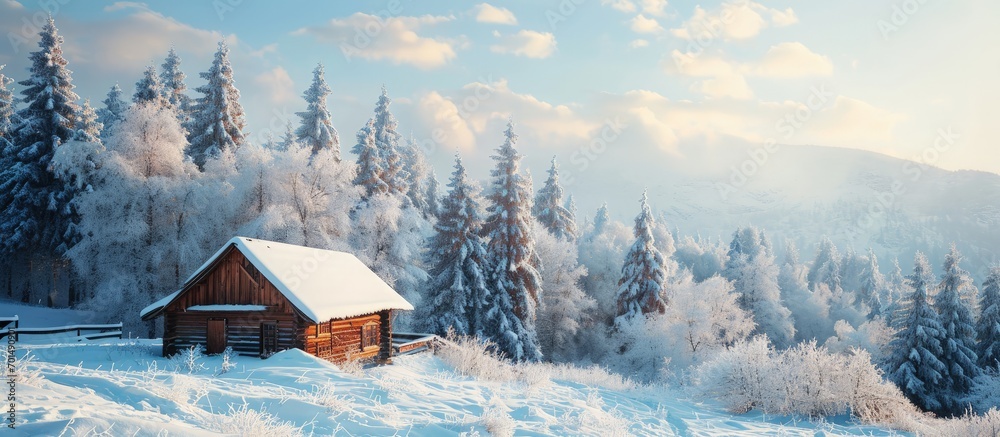 Winter landscape with a snow covered cabin at the edge of the forest in hoar frost. Creative Banner. Copyspace image