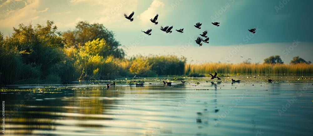 Photo of birds perched on the calm waters of the Danube Delta reservation Wild birds fly Danube Delta. Creative Banner. Copyspace image - obrazy, fototapety, plakaty 
