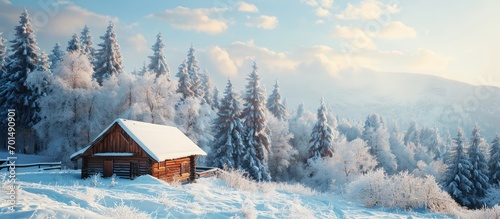 Winter landscape with a snow covered cabin at the edge of the forest in hoar frost. Creative Banner. Copyspace image © HN Works