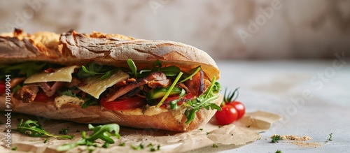 Mexican Torta Sandwich made with common bread in Mexico it can be telera bolillo or bagette split in half and filled with various ingredients in this case spicy pork leg with Oaxaca cheese photo