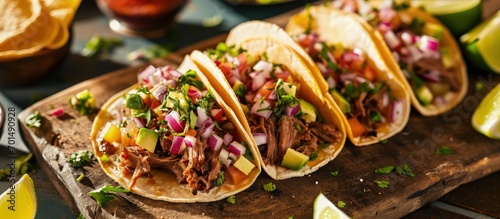 Tacos al pastor Also known as Tacos de Trompo they are the most popular type of street tacos in Mexico commonly made with pork and beef marinated with achiote. Creative Banner. Copyspace image