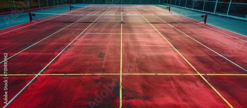 New outdoor red tennis courts with white lines and gray pickleball lines. Creative Banner. Copyspace image