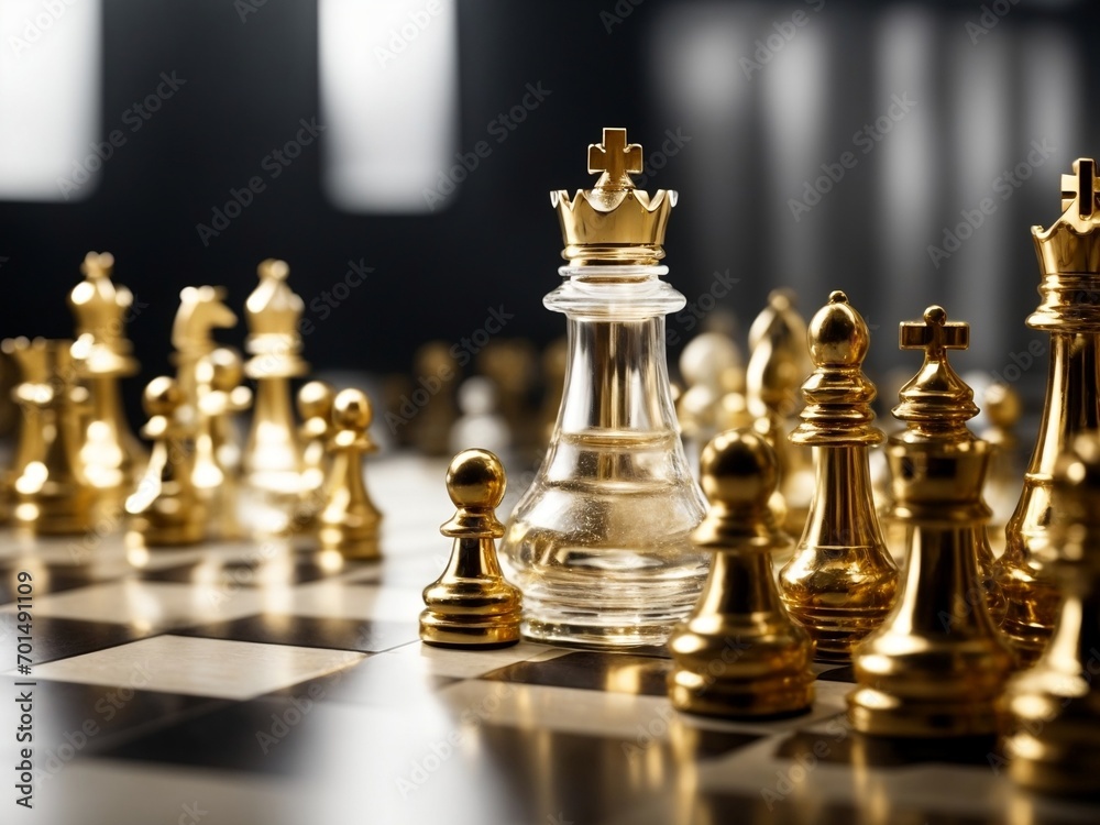 Golden Alliance: A Captivating Chess Composition with a Majestic Gold Glass King Surrounded by White Glass Pawns, Symbolizing Unity, Strength, and Strategic Brilliance in the Game of Chess, an Elegant