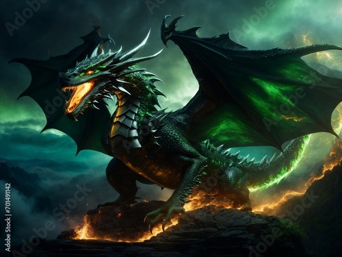 Ethereal Enchantment: A Vision of Determination as a Green Dragon, Surrounded by an Otherworldly and Magical Blaze, Captures the Fantastical Nature of Imagination. AI-Generated Art Intensifies the Fla © indika