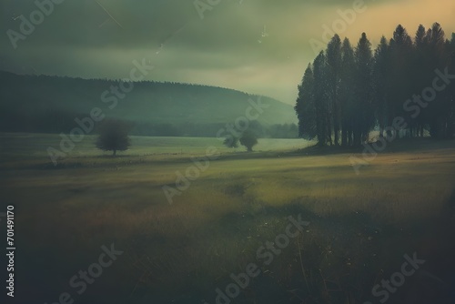 Gloomy Meadow Landscape Moody Vintage Film Lighting Generative Ai