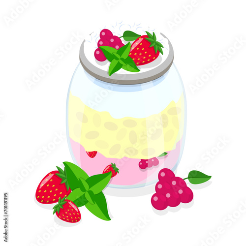 3D Isometric Flat Vector Set of Overnight Puddings, Oats with Fresh Strawberries, Blueberries. Item 3