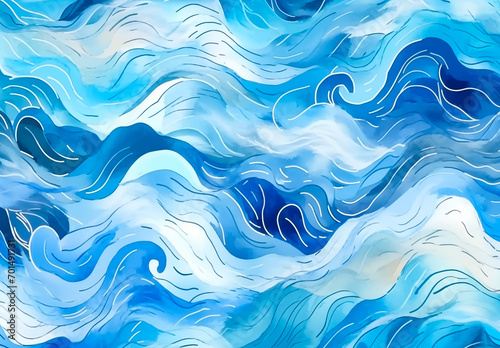 Magical fairytale ocean waves art painting. Unique blue and gold wavy swirls of magic water. Fairytale navy, indigo yellow sea waves. Children’s book waves, kids nursery cartoon illustration by Vita