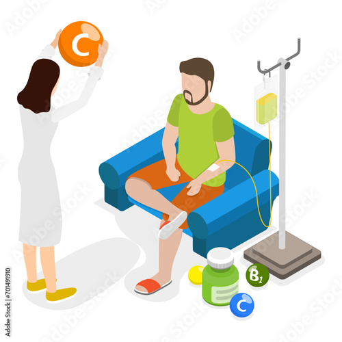 3D Isometric Flat Vector Illustration of Intravenous Therapy, IV Drip Vitamin Infusion. Item 3
