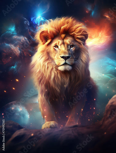 Lion in the night with space background