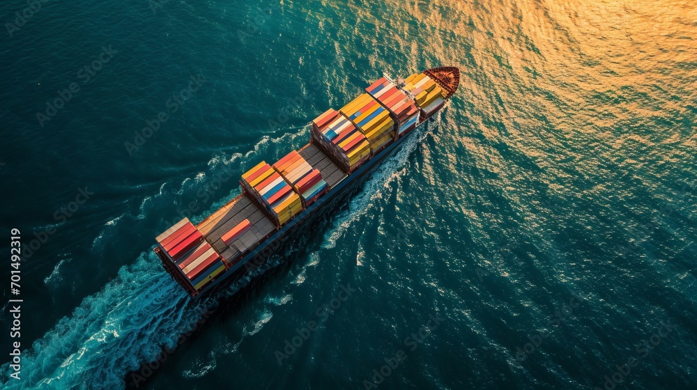 Aerial view of a cargo ship carrying containers in the open sea Aerial view of a cargo ship carrying containers in the open sea